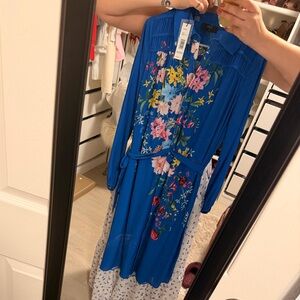 Blue Floral Maxi Dress with White Printed Hem